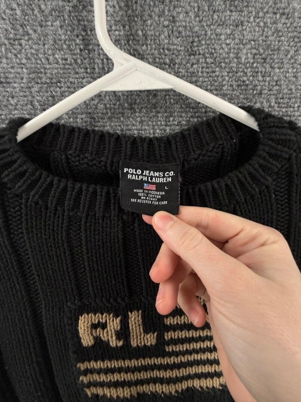 Ralph Lauren USA Flag Sweater Women Large Black Cotton Ribbed Knit Stretch Crew - Picture 9 of 13